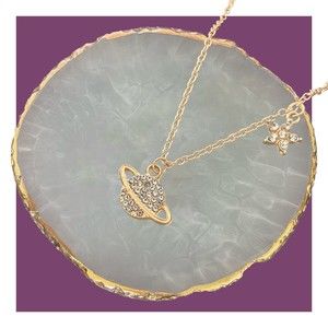 Planet and Star Necklace Gold Plated Rhinestone Pendant & Cable Chain Jewelry